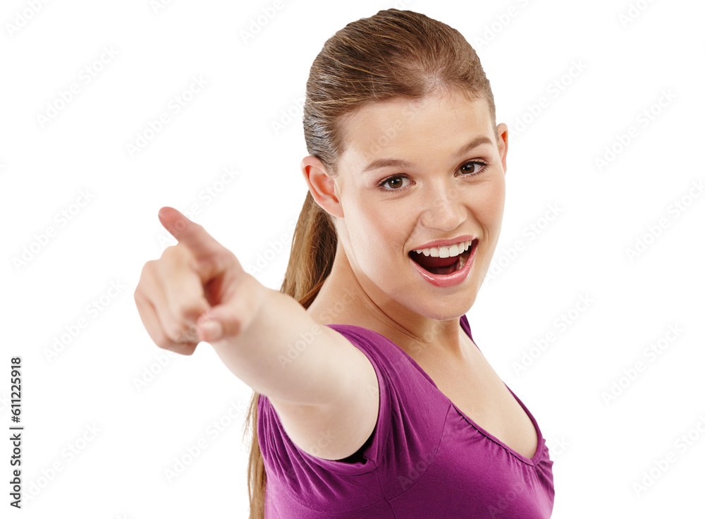 Portrait, pointing and smile with a woman isolated on transparent background for direction or sales notification. Face, announcement or gesture with an excited young female brand ambassador on PNG Portrait, pointing and smile with a woman isolated on transparent background for direction or sales notification. Face, announcement or gesture with an excited young female brand ambassador on PNG
