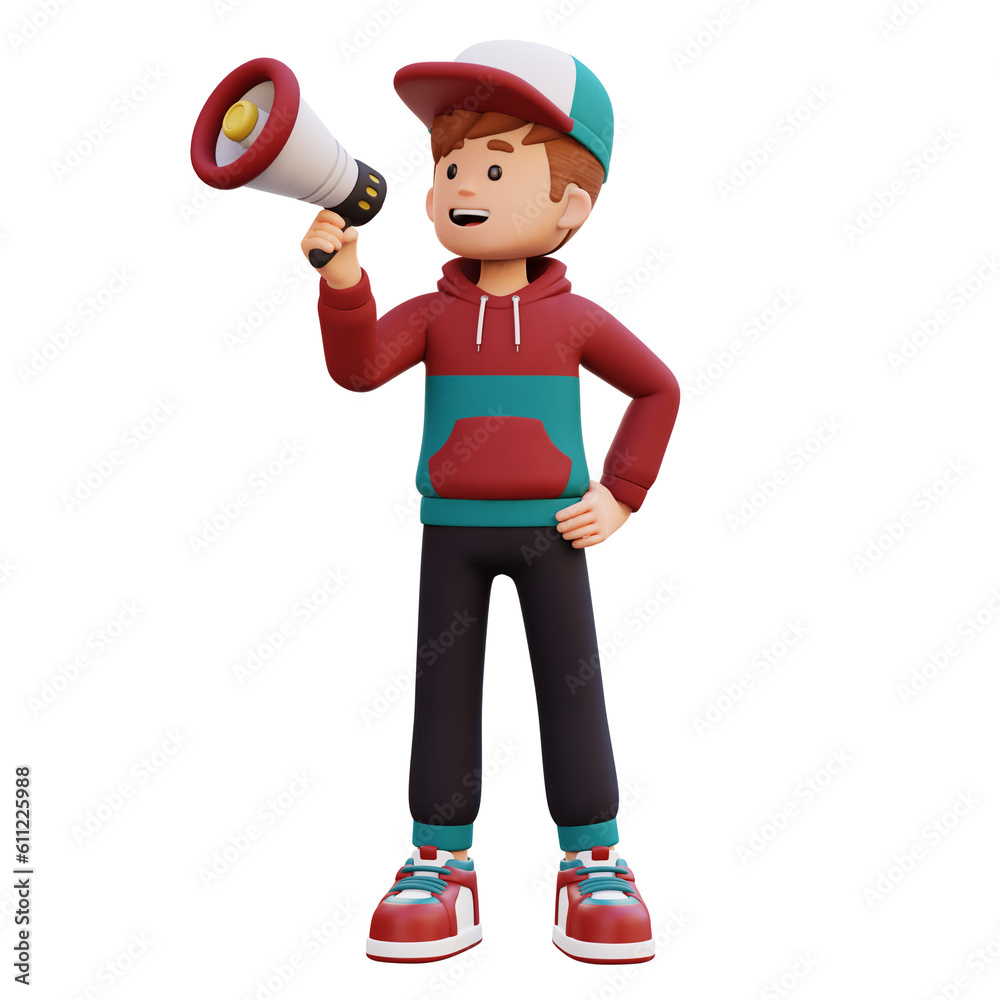 3d male character give announcement use megaphone