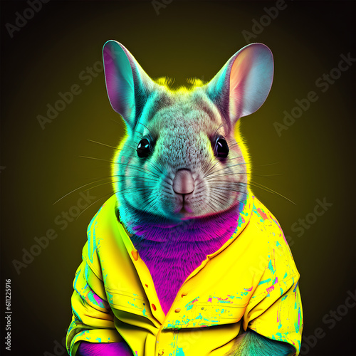 Realistic lifelike chinchilla in fluorescent electric highlighters ultra-bright neon outfits, commercial, editorial advertisement, surreal surrealism. 80s Era comeback. 