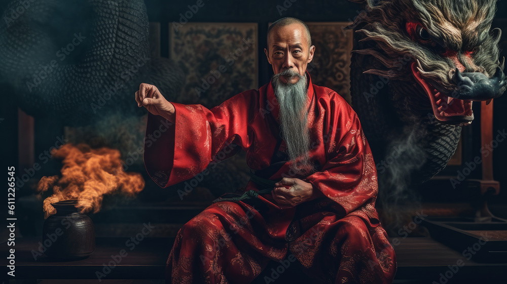 Obraz premium red monk and dragon. Generative AI
