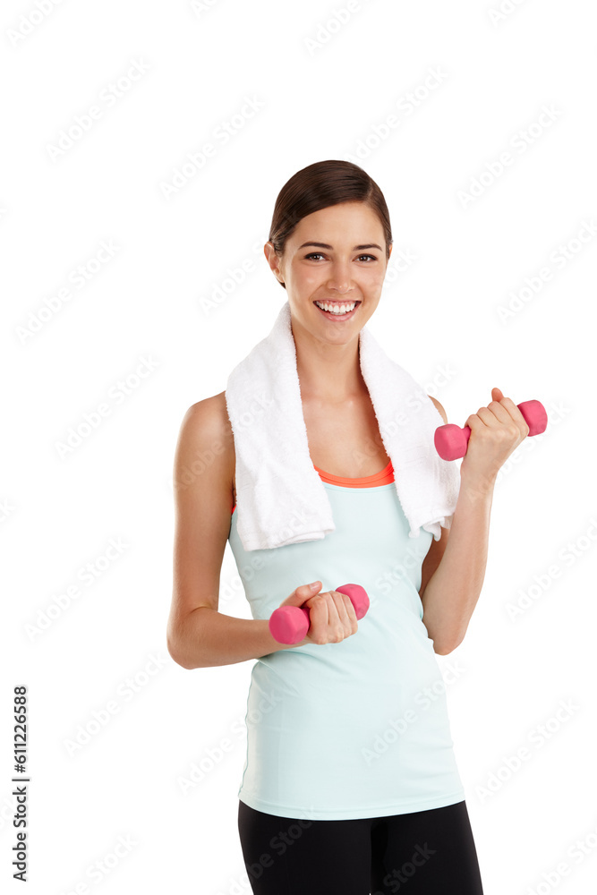 Dumbbell, exercise and portrait of happy woman training on isolated, transparent and png background. Face, weights and female smile while weightlifting for bodybuilding workout, fitness and power Dumbbell, exercise and portrait of happy woman training on isolated, transparent and png background. Face, weights and female smile while weightlifting for bodybuilding workout, fitness and power