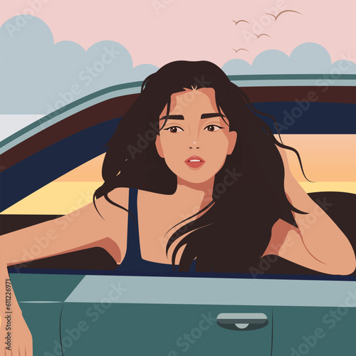 Vector illustration in flat cartoon style. A pretty young woman with her head leaning out of a car window, her hair fluttering in the wind. The concept of travel, summer fun, freedom and romance.