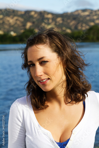 Outdoor Portrait Attractive Caucasian Woman With Lake