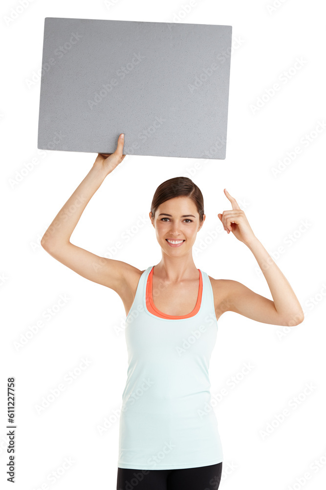 Billboard, portrait and woman pointing to mockup for exercise on isolated, transparent and png background. Poster, banner and female person with news of gym, launch and membership discount promotion Billboard, portrait and woman pointing to mockup for exercise on isolated, transparent and png background. Poster, banner and female person with news of gym, launch and membership discount promotion
