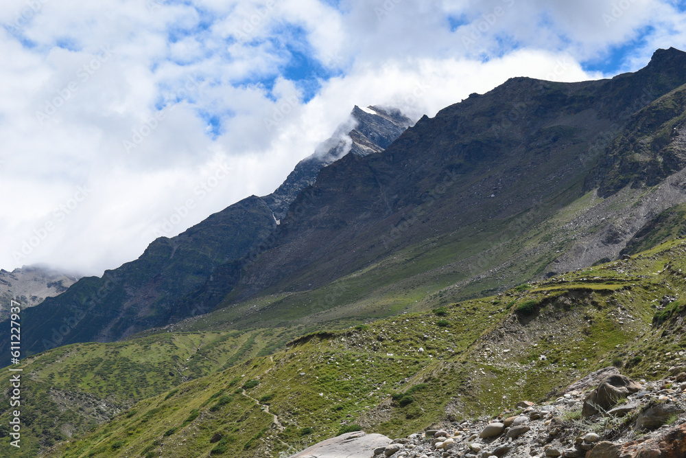 High altitude glacier himalayas mountains in lahaul and spiti, Himachal pradesh, India during rainy season of august month horizontal photo