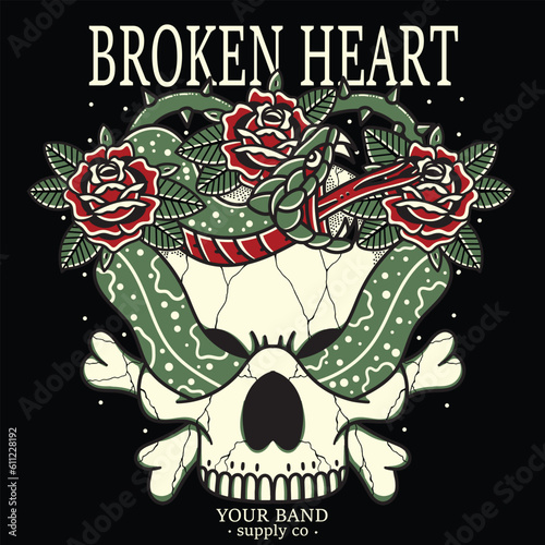 snake entwined skull and rose thorns vector design illustration for t-shirt