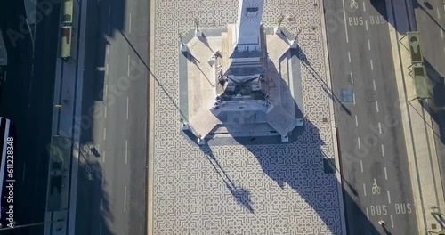Aerial perspective of famous Liberty Square in Lisbon. Marvel at the grandeur of the square, adorned with its iconic landmarks, bustling streets, and the vibrant energy of the city below.