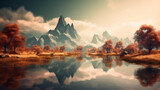Fantasy landscape panorama with mountains reflecting in the water. Abstract background. Spiritual zen wallpaper with skyline. Generative ai.