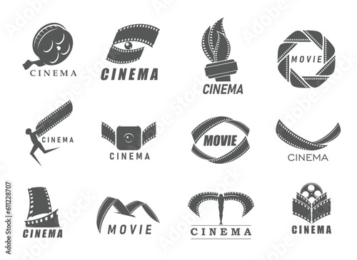Cinema icons, movie film strip vector symbols for cinematograph award and entertainment production emblems. Cinema video reel and filmstrip roll icons of media or television award
