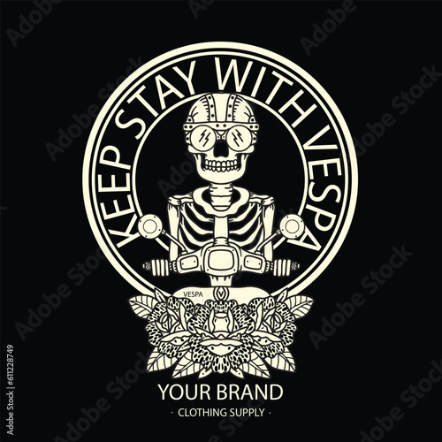 vector design illustration of a skull riding a scooter motorbike and rose flower for t-shirt