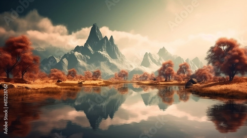 Fantasy landscape panorama with mountains reflecting in the water. Abstract background. Spiritual zen wallpaper with skyline. Generative ai.