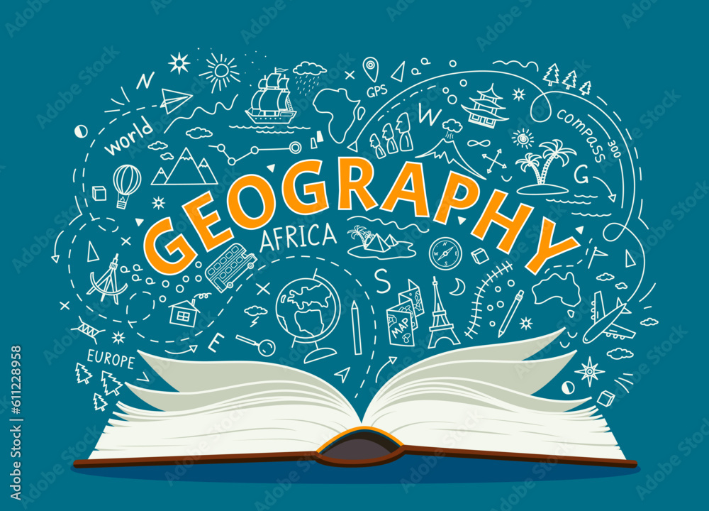 Geography textbook and symbols of education on school book, vector