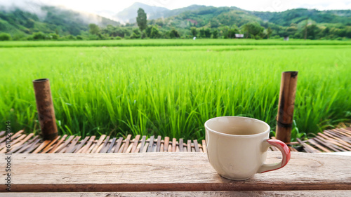 Cup of coffee morning time at green rice field for vacation
