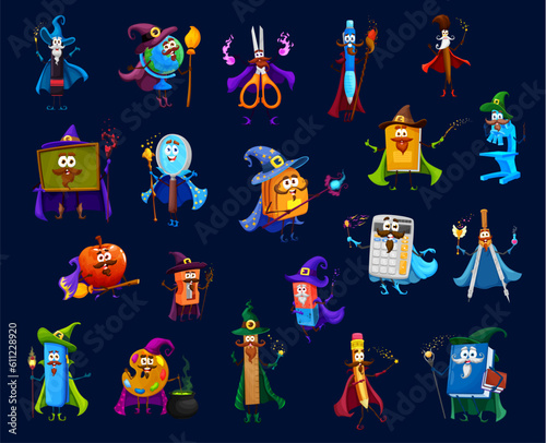 Cartoon Halloween stationery wizard, warlock, mage, sorcerer and witch characters. Vector school bag, glass, eraser, sharpener and globe. Textbook, pen, pencil case and compass, scissors and paints