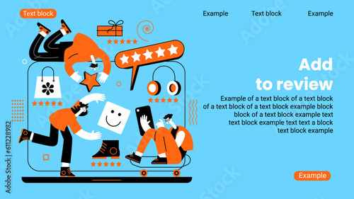People give star feedback. Characters choose a satisfaction rating. People leave a positive review. User experience concept. Vector illustration.