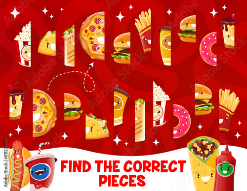 Find correct pieces of cartoon takeaway fast food characters, vector quiz game. Match half or find same correct part of fast food pizza, hot dog and cheeseburger with donut, popcorn and potato fries