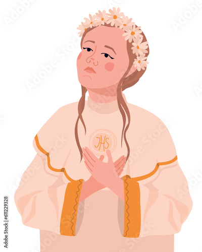 Girl in a white dress for the first communion. Vector. The child is ready to receive the sacrament of the Eucharist. A young Catholic woman prays before the sacromontic sacrament of communion.