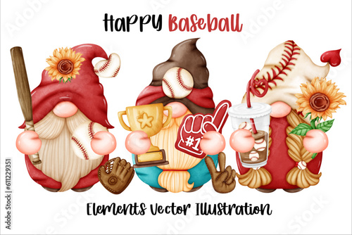 Set Gnome Baseball Coffee mug Trophy cheer and Sunflower Element Watercolor Vector File ,Clipart cartoon vintage-Retro style For banner, poster, card, t shirt, sticker