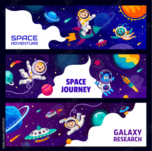Kid astronauts and cute aliens in outer space. Outerspace travel, universe exploration vector banners with cheerful boy in spacesuit, alien comical character, UFO spaceship and rocket, galaxy planets