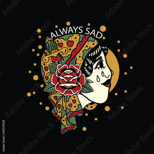 sad crying girl and rose flower vector design illustration for t-shirt

