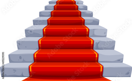 Castle and palace staircases  stone stair with red carpet. Isolated vector classic royal rocky ladder with rug front view  Vintage architecture interior element  entrance of old fairytale mansion