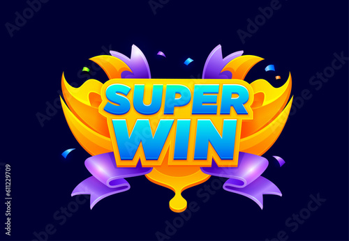 Game win popup banner. Gambling jackpot victory screen or icon, 2d arcade rating achievement UI vector sign, GUI level win popup banner. Casino slot success congrats badge with violet ribbon, confetti