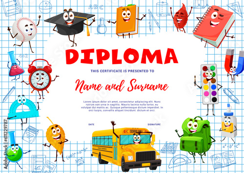 Kids education diploma. School supply characters. Vector award frame template with cartoon mortarboard, baseball ball and books. Autumn leaves, bus, rucksack and alarm clock, paints, glue and magnet