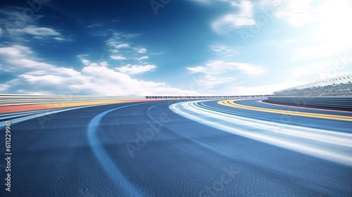 View of FORMULA 1 race ring. Driving a sport car. Asphalt road. Empty racing ring road background Generative AI © PaulShlykov
