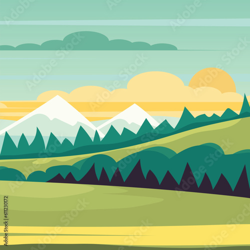 Landscape. Summer landscape square composition. Sunset in the mountains. Background nature. Vector illustraiton