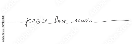 Peace love music. Music one line continuous phrase. Quote of music calligraphy, lettering. Vector illustration isolated on white background.