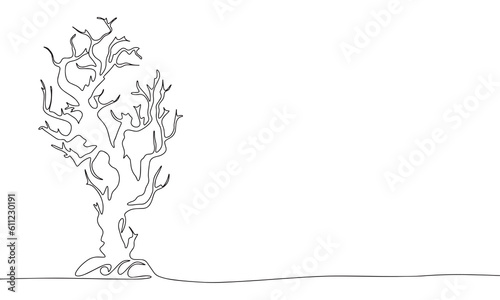 Creepy tree. One line continuous Halloween dry tree isolated on white background. Line art outline vector illustration.