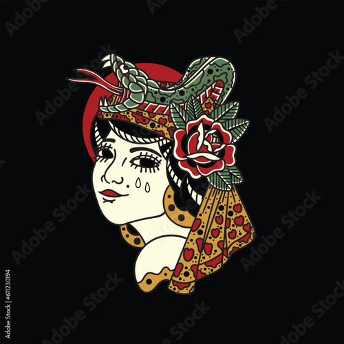 sad crying girl vector design illustration wrapped in snake and rose flower for t-shirt