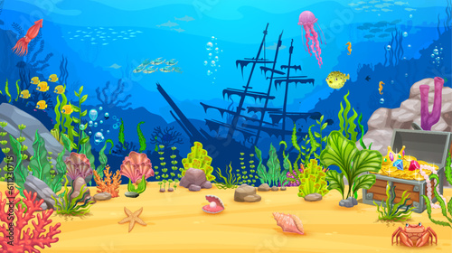 Cartoon underwater game landscape. Sea level with seaweeds, silhouette of ship, treasure chest, animals and fish. Ocean deep wildlife background, sea animals, algae, sunken caravel vector background