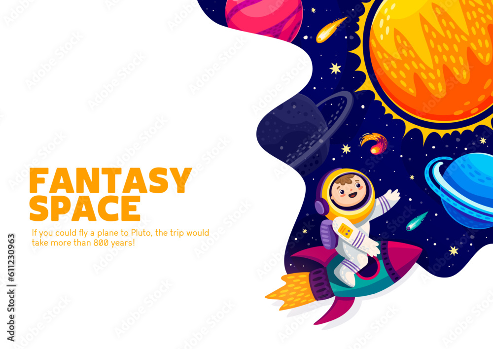 Cartoon space poster with solar system and astronaut on rocket. Galaxy travel vector poster or banner with happy smiling boy character in spacesuit flying on spaceship, sun, stars and planets
