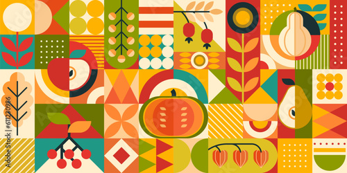 Bauhaus pattern with autumn and Thanksgiving harvest. Fall season, happy Thanksgiving or October wrapping paper vector texture. Textile background with Bauhaus autumn vegetables, fruits shapes