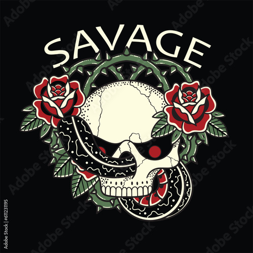 snake entwined skull and rose thorns vector design illustration for t-shirt