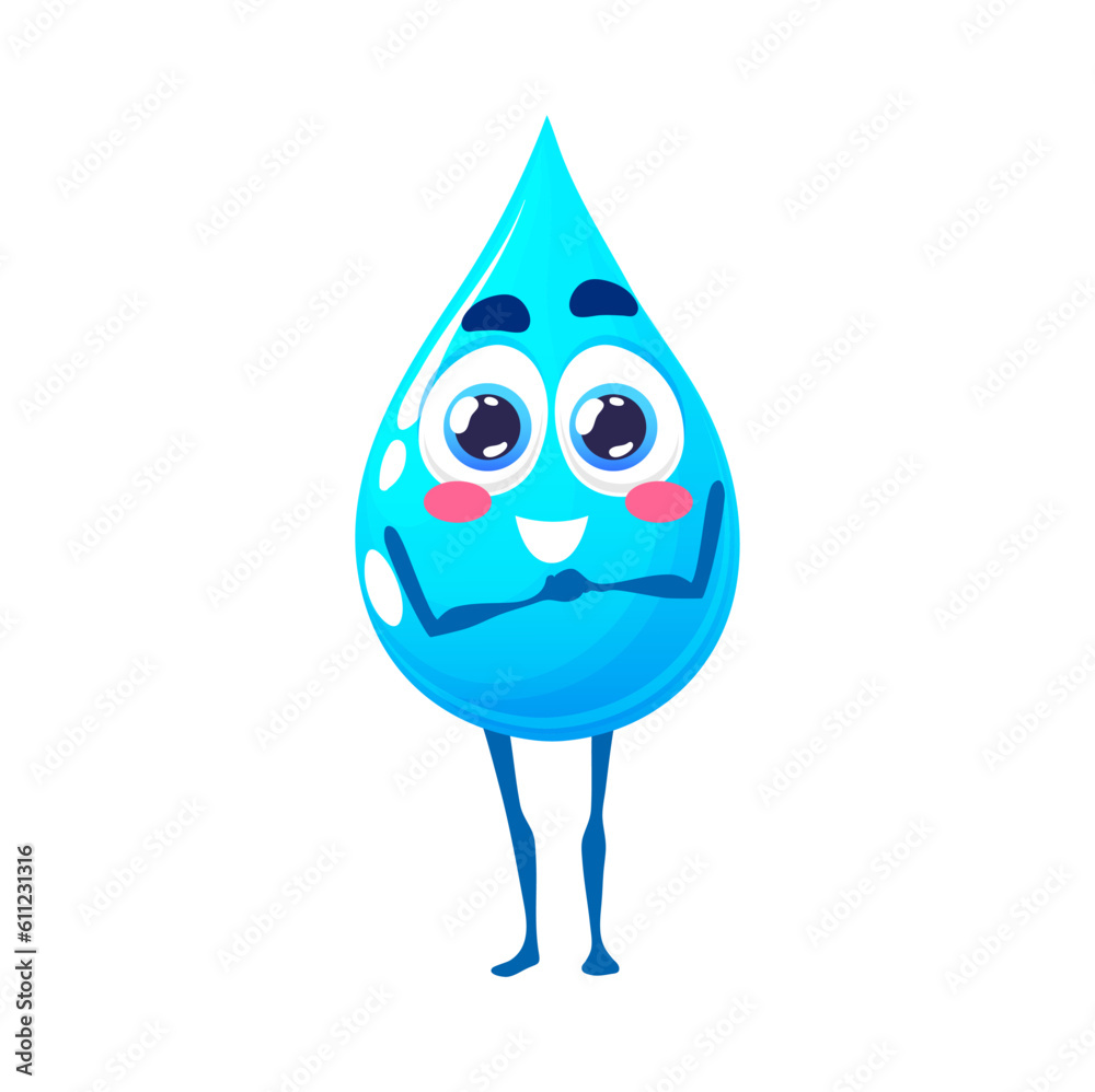 Cartoon happy water drop character. Blue aqua drop, fresh water drip or clean moisture droplet isolated vector cute mascot. Pure drink aqua cheerful personage or comical character with big eyes Cartoon happy water drop character. Blue aqua drop, fresh water drip or clean moisture droplet isolated vector cute mascot. Pure drink aqua cheerful personage or comical character with big eyes