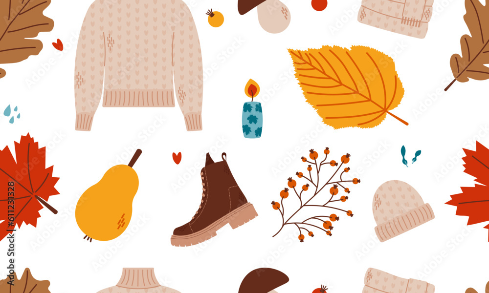 Start of fall. Cozy autumn pattern. Warm autumn season.Vector illustration.