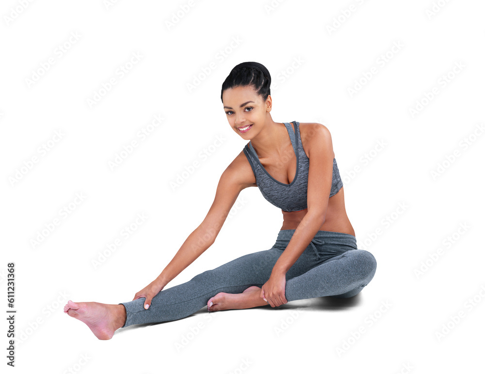 Woman, leg stretching and portrait with sport, fitness and exercise with a smile. Young person, female model warmup and isolated on transparent, png background feeling happy from health and wellness Woman, leg stretching and portrait with sport, fitness and exercise with a smile. Young person, female model warmup and isolated on transparent, png background feeling happy from health and wellness