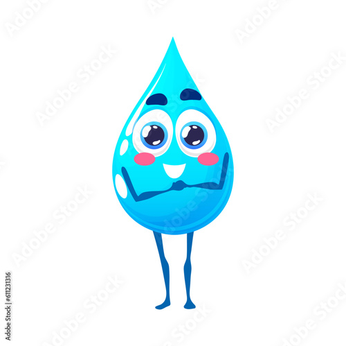 Cartoon happy water drop character. Blue aqua drop, fresh water drip or clean moisture droplet isolated vector cute mascot. Pure drink aqua cheerful personage or comical character with big eyes