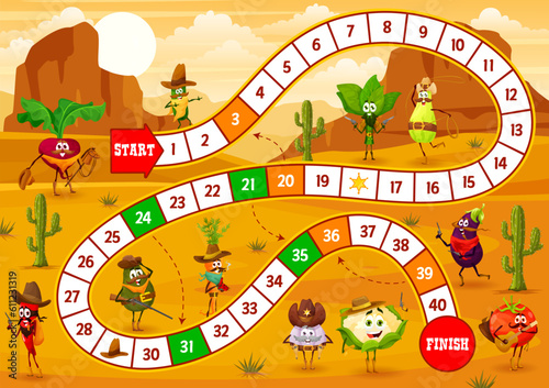 Kids step board game. Cartoon cowboy, bandit, sheriff and ranger vegetable characters. Dice game, roll and move race game vector worksheet with beet, garlic, cucumber and spinach, zucchini, avocado