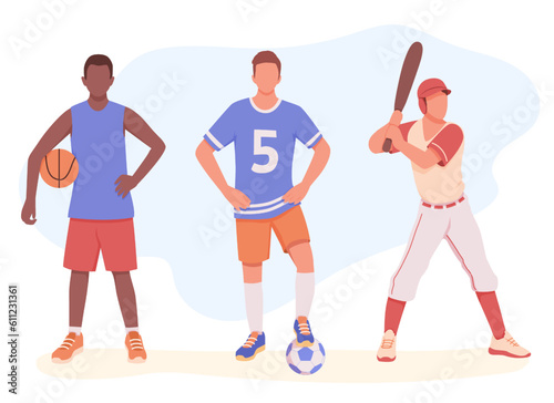Basketball, football, baseball. Popular sports team games. Men in sportswear, with ball and bat. Vector cartoon male characters engaged in different kinds of sports