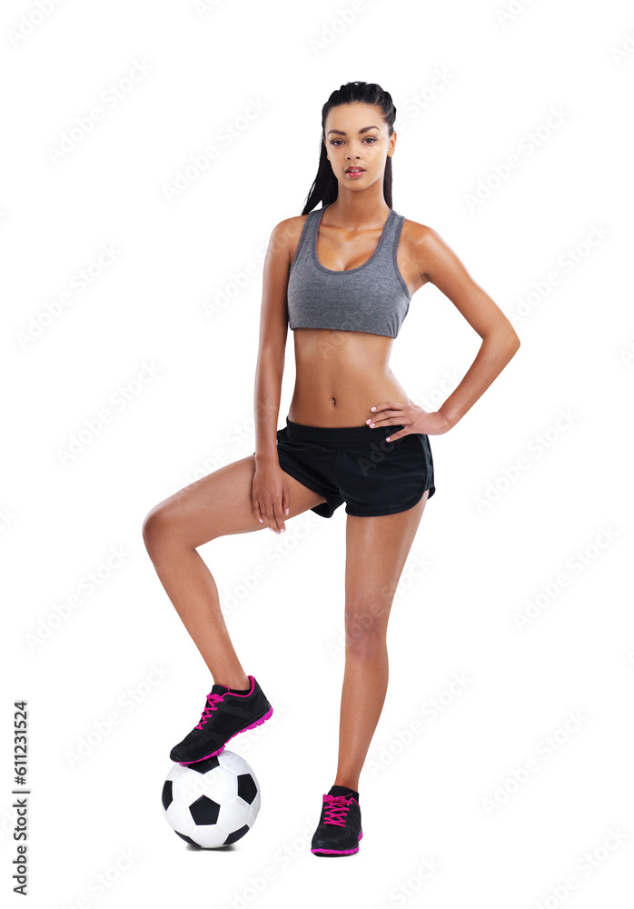 Soccer, ball and woman portrait with fitness, exercise and transparent, isolated or png background. Sport, training and face of female football player with strong body for health or workout challenge Soccer, ball and woman portrait with fitness, exercise and transparent, isolated or png background. Sport, training and face of female football player with strong body for health or workout challenge