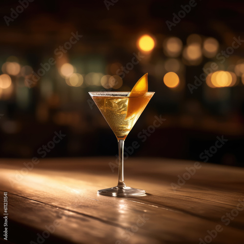 Single delicious Cocktail in top of a wooden table in a bar, dimly lit and bokeh background. Generative AI