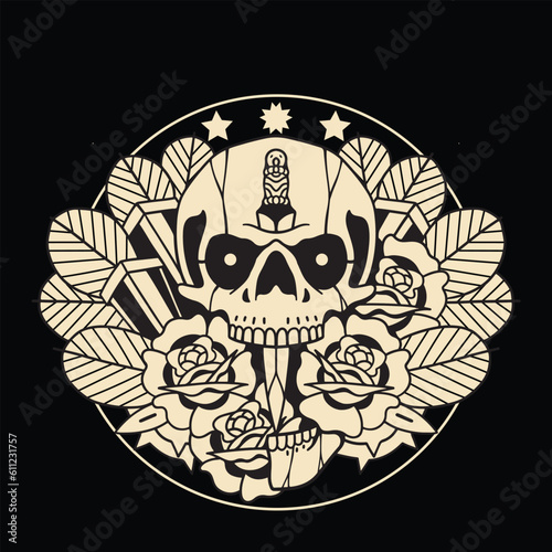 knife impaled skull and rose thorns vector design illustration for t-shirt