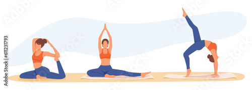 Physical activity and healthy lifestyle. Female character doing yoga. Woman demonstrates asanas. Simple and complex poses. Asanas to choose from. Color vector image in flat style