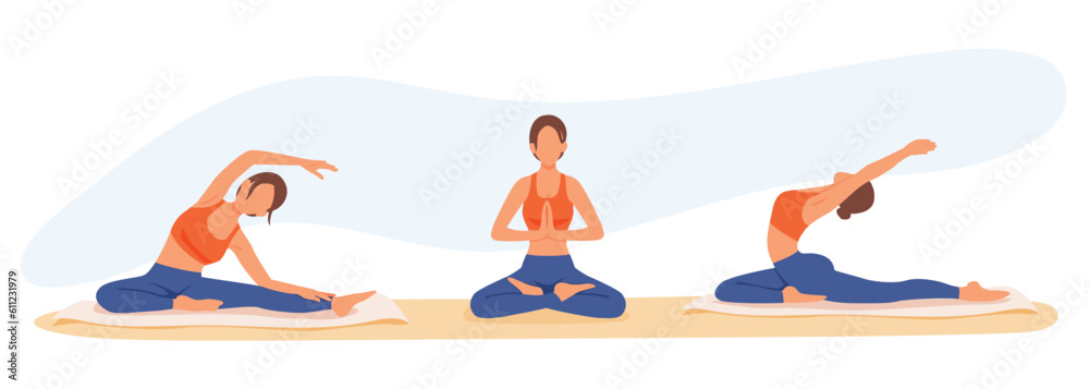 Practicing yoga alone. Asanas for stretching and meditation. Procedure for performing physical exercises. Flexible girl does yoga on mat. Time for training indoor