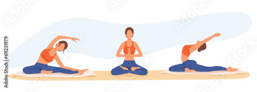 Practicing yoga alone. Asanas for stretching and meditation. Procedure for performing physical exercises. Flexible girl does yoga on mat. Time for training indoor