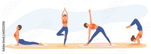 Young female in sportswear doing exercises. Warming up, stretching, balancing. Physical activity and healthy lifestyle. Daily fitness for slim and beautiful figure. Basic yoga course