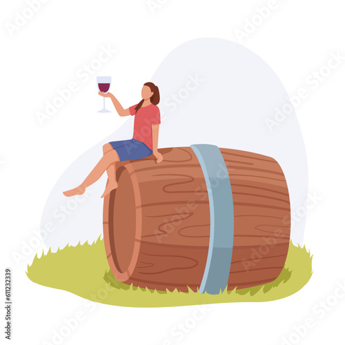 Making wine from organic grapes, berries. Female character sits on wooden barrel and tastes red wine. Glass of natural wine to try. High quality alcoholic drink made of natural ingredients